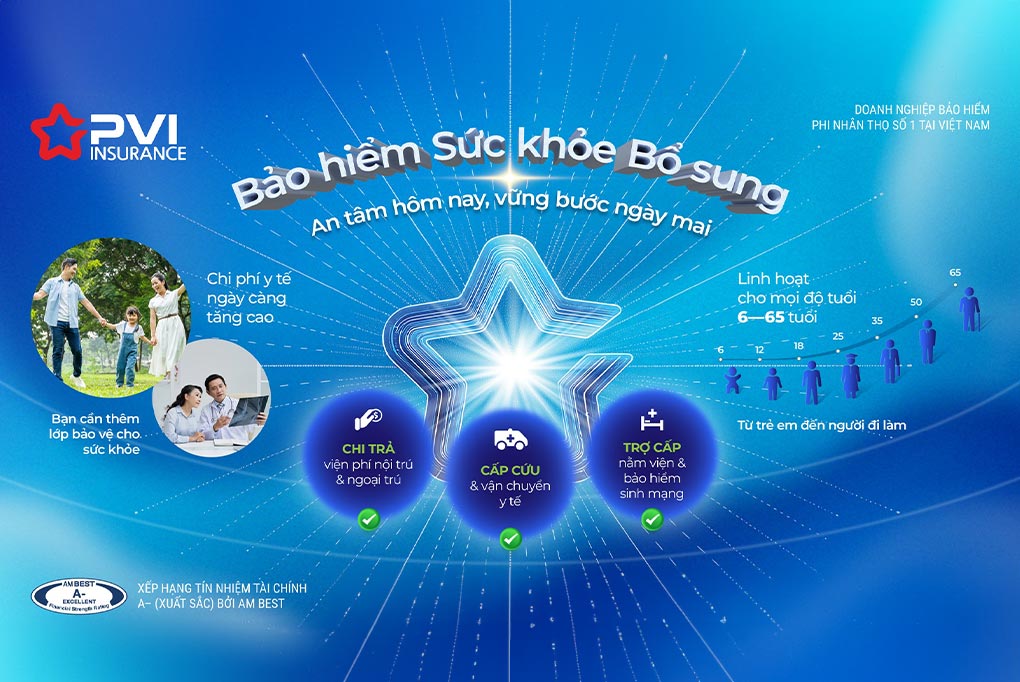 Bảo hiểm PVI ra mắt “Bảo hiểm Sức khỏe Bổ sung” (PVI Top-up Health Insurance) với quyền lợi chi trả nội trú & ngoại trú, hỗ trợ cấp cứu. Sản phẩm linh hoạt, dành cho độ tuổi 6-65, giúp bạn tăng cường bảo vệ tài chính trước chi phí y tế cao.